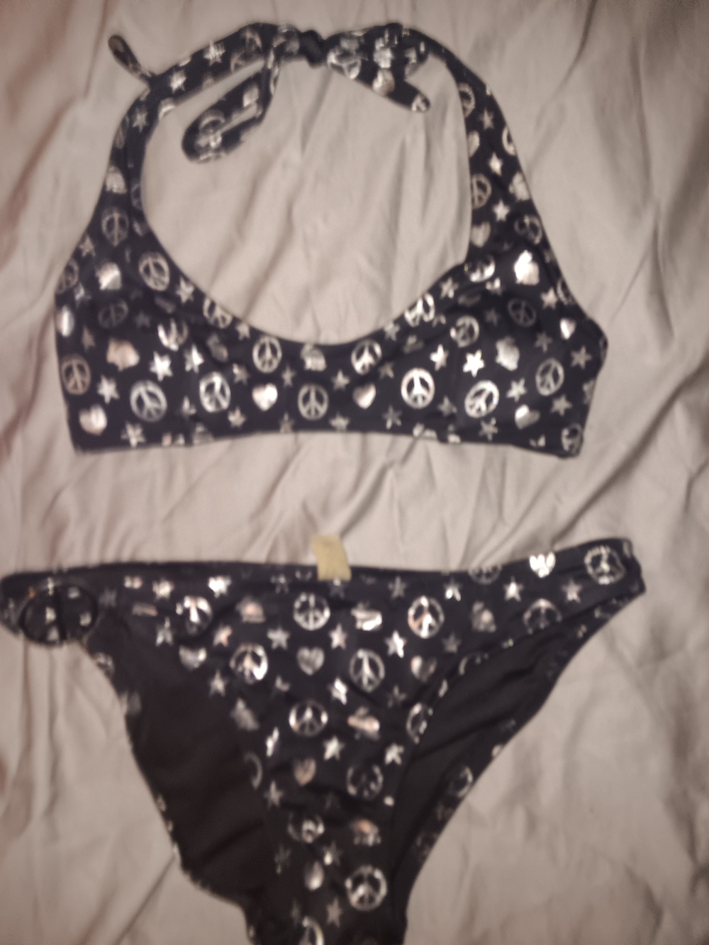 Victoria's Secret Black Bikini Set with Silver Peace Sign Print